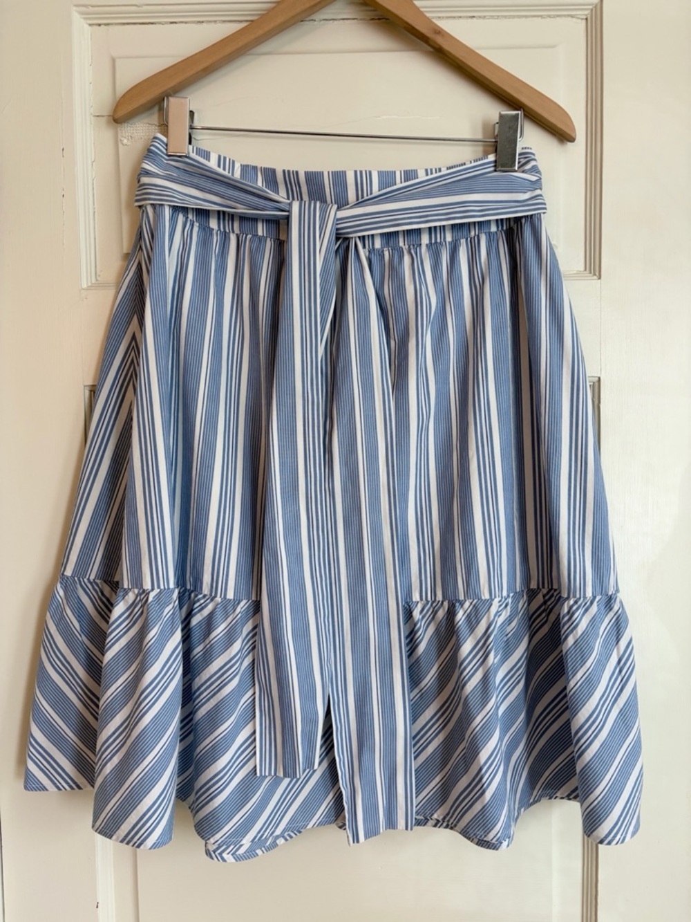 J. Crew Blue and White Striped Tie-Waist Midi Tiered Skirt. Lined size 4